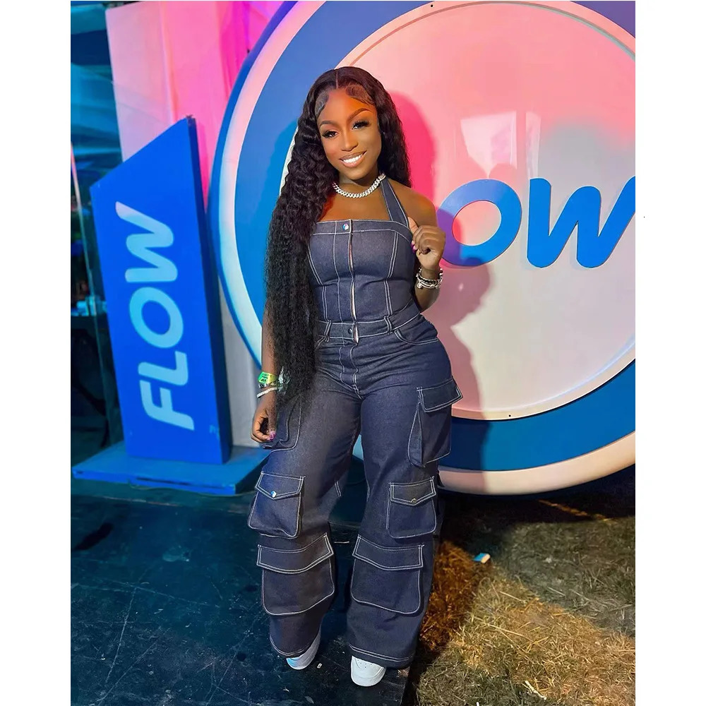 Women Jeans Overalls Spliced Cargo Denim Pants Vintage Washed Ankle Length Jean Pockets Solid High Street Loose Fit Button 260714banjia