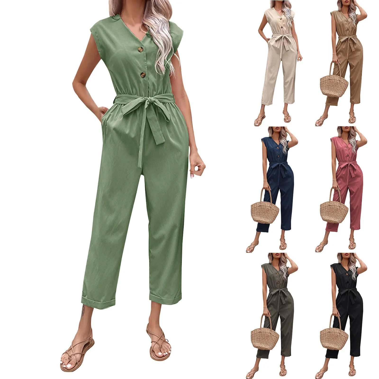 Summer Fashion Short Sleeve Jumpsuit Women Loose Cropped Pants Solid Color Casual Vneck vestidos para 260714banjia