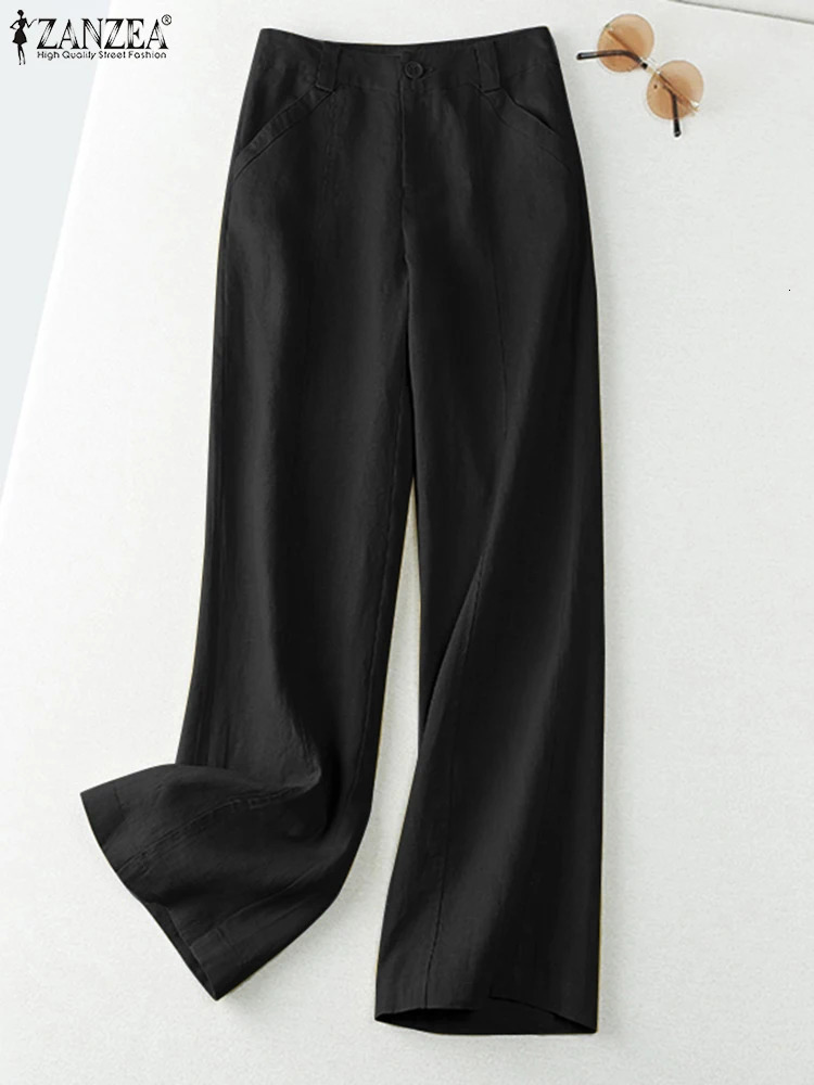 ZANZEA 2026 Spring Summer Cotton Linen Pant Long Trousers Wide Leg Plain Holiday Casual Streetwear Fashion Bottoms 260714banjia