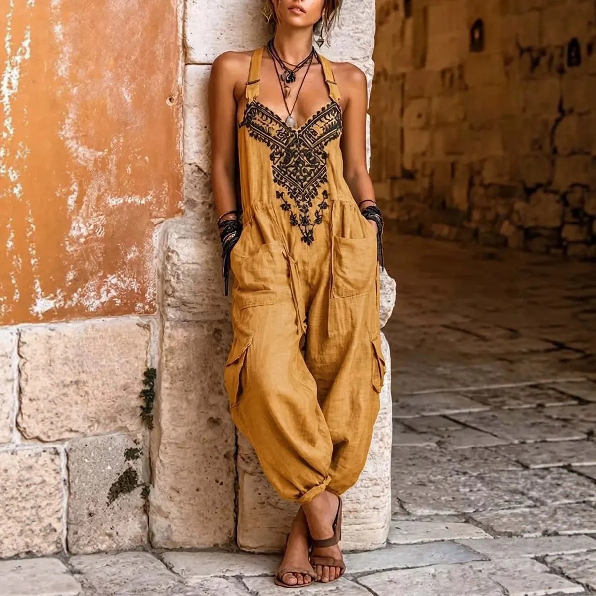 Women Boho Printed Halter Jumpsuit Sleeveless Drawstring Waist Multi Pocket Cargo Loose Summer Casual Outfits 260714banjia