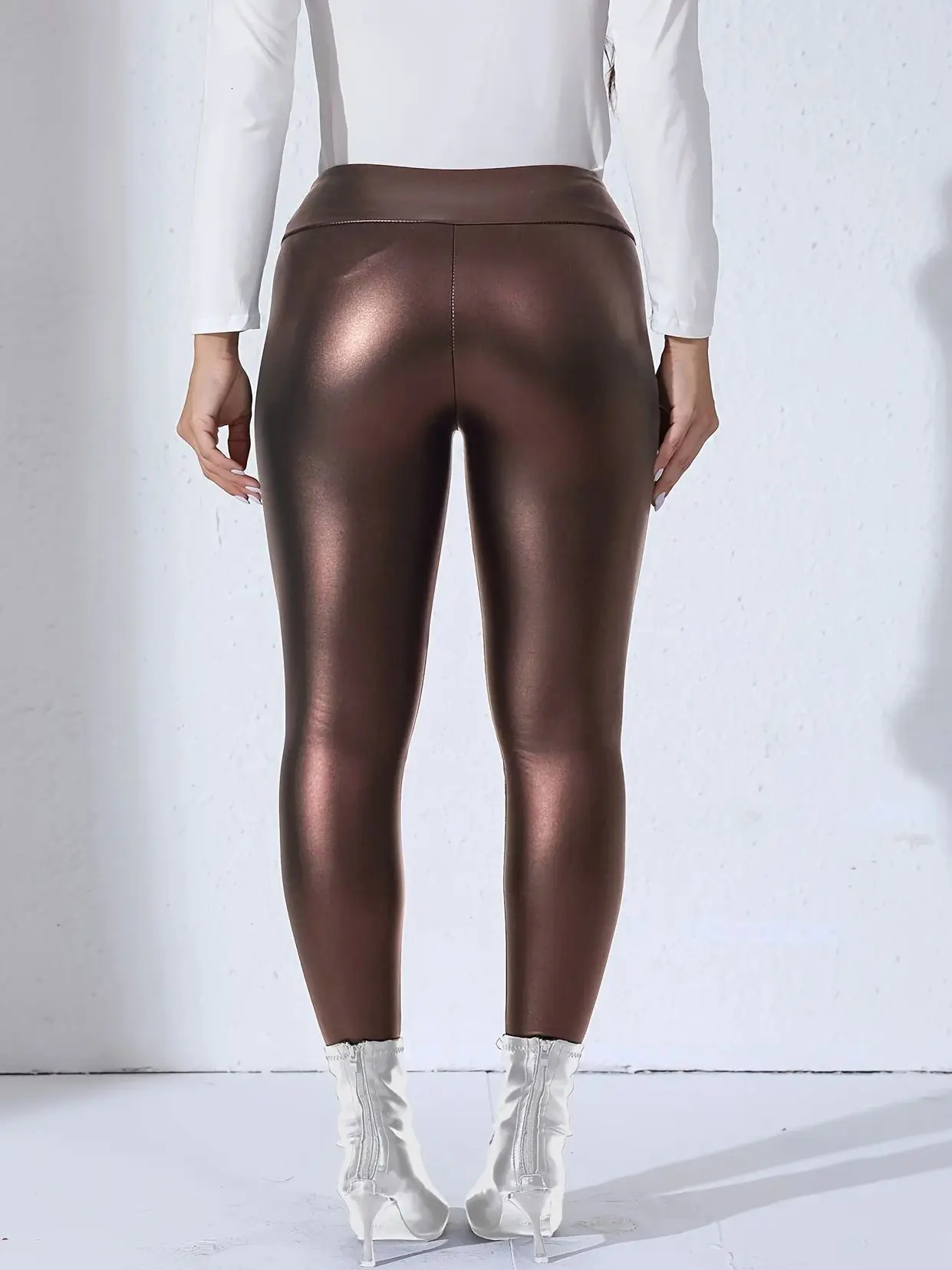 Women PU Leather Fleecelined Leggings With Pockets Elastic Slim Skinny Pants High Waist Daily Trendy Casual Trousers 260714banjia