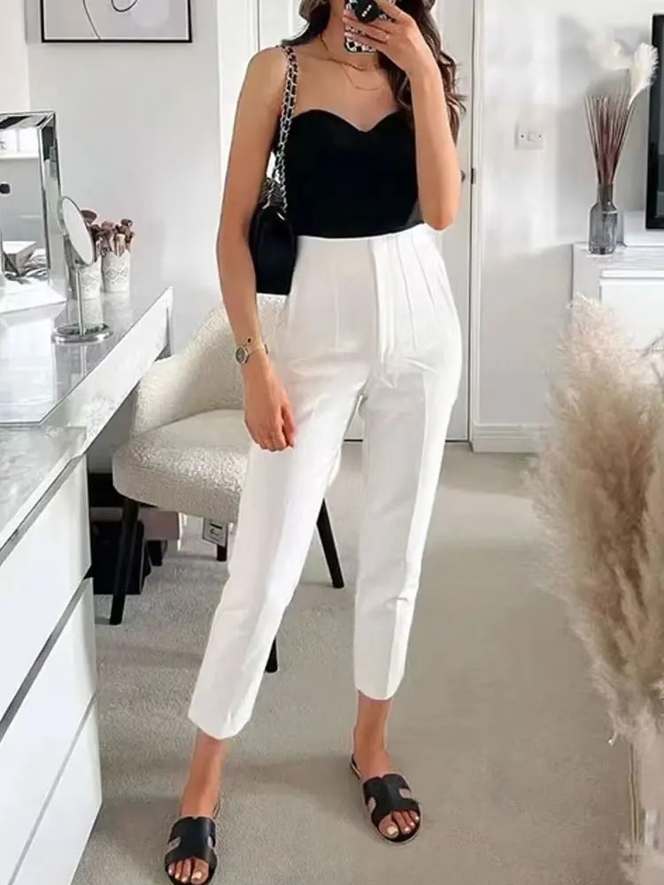 High Waist Solid Pants for Women Casual Basic Ankle Trousers with Pockets Zipper Fly Office Wear Pantalones Mujer 260714banjia