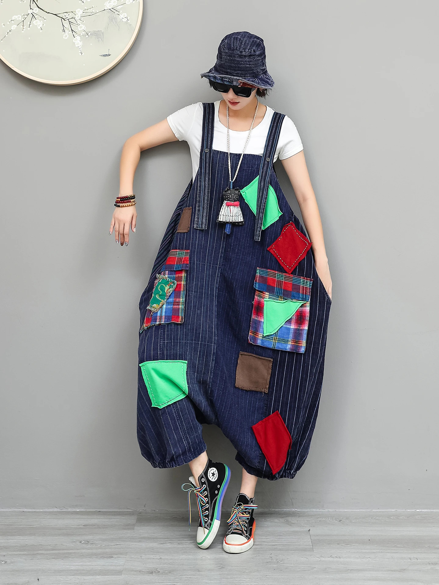 Unique Niche n Vintage Fabric Patchwork Overall Summer Loose Highwaist Large Patch Pockets Jumpsuit LX6079 260714banjia