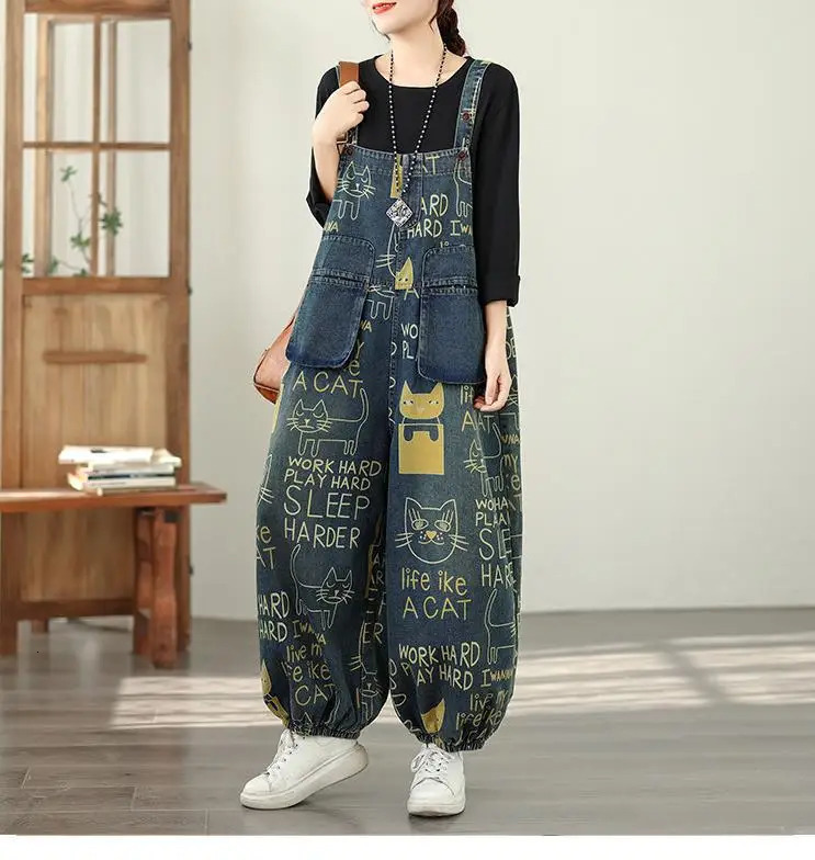 Fashionable Patchwork Overalls Personalized Casual Printed Jumpsuit 2026 Women Artistic Versatile Temperament Denim Harem Pants 260714banjia