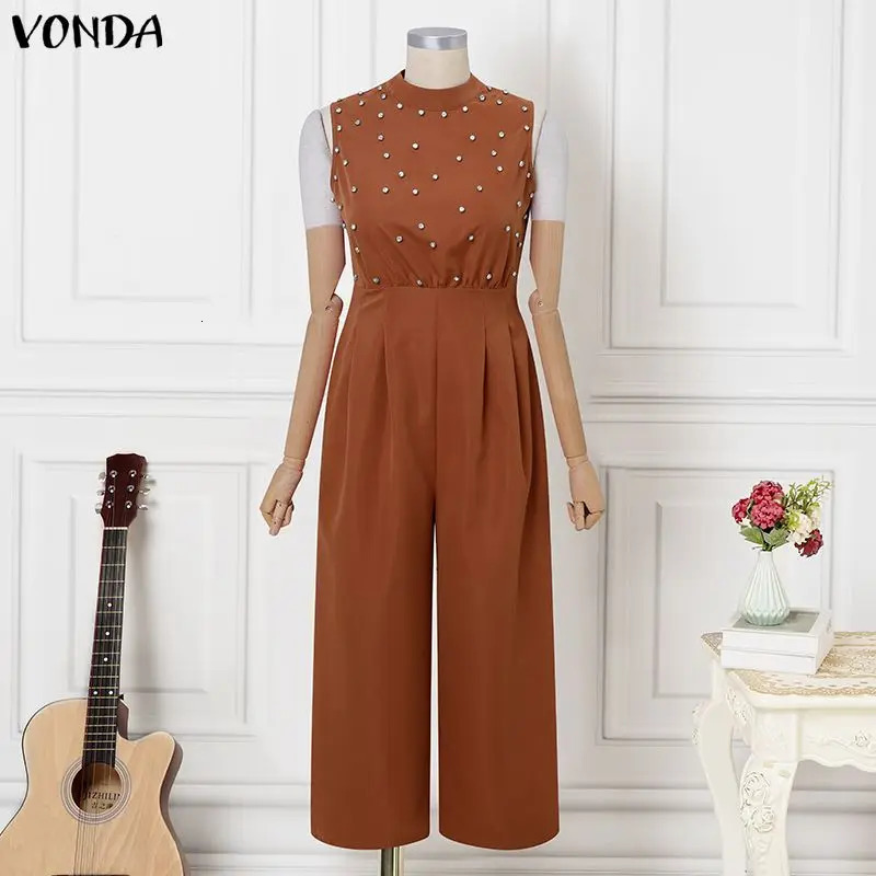 Summer Sleeveles Jumpsuits Fashion VONDA Solid Color Wide Leg Pants OL Work Party Overalls Playsuits Streetwear 260714banjia