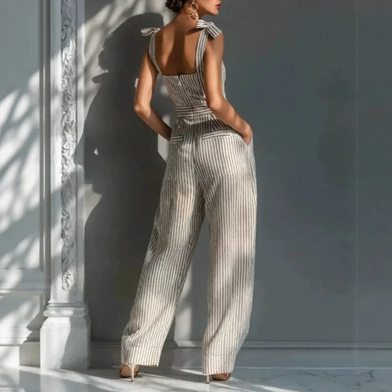 Fashion Stripe Printed Halter Wide Leg Jumpsuit Summer Sleeveless Hollow Out Slim Playsuits Overalls Elegant Lady Commute Romper 260714banjia