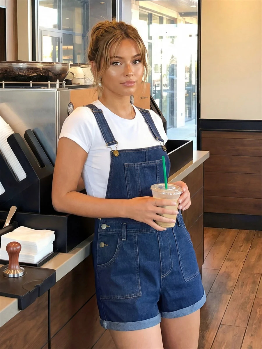 Women Baggy Denim Overalls Shorts Solid Color Sleeveless Suspender Jean Romper with Pockets Summer Streetwear 260714banjia