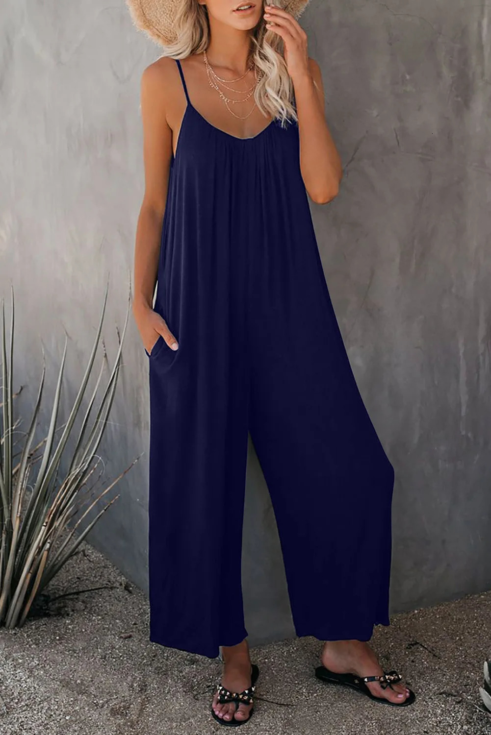 Strap jumpsuit for womens summer crossborder solid color inserted bag casual 260714banjia