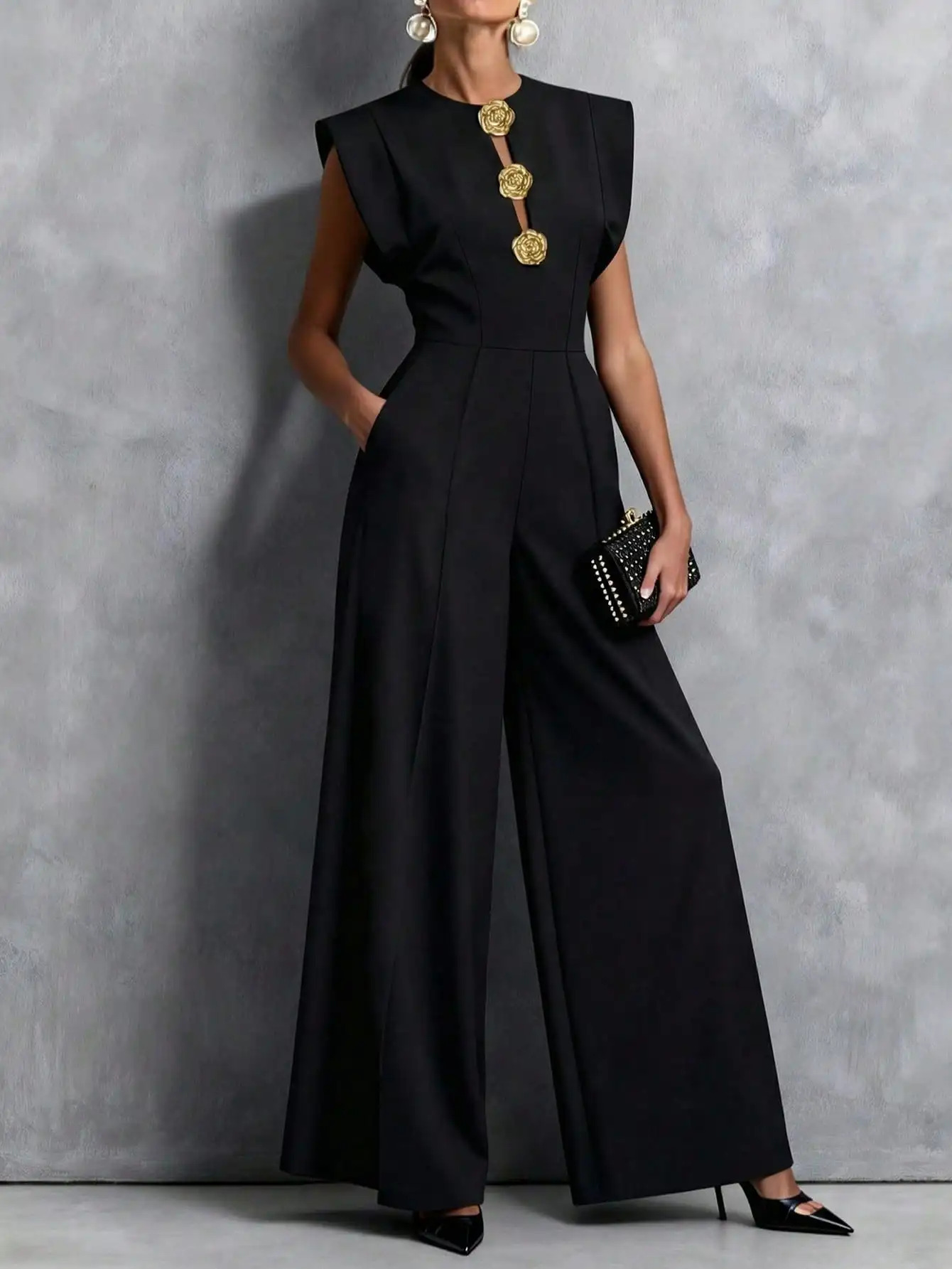 Womens Jumpsuits Rompers Black Sleeveless Wide Leg with Decorative Buttons Tailored Formal Evening Outfit 260714banjia