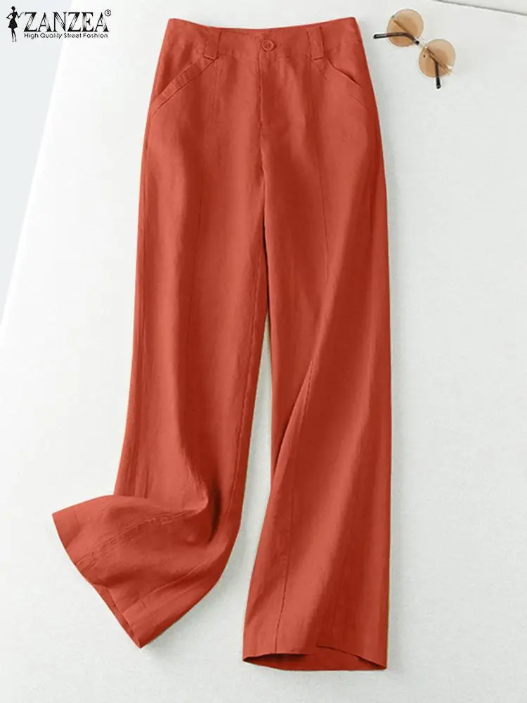ZANZEA 2026 Spring Summer Cotton Linen Pant Long Trousers Wide Leg Plain Holiday Casual Streetwear Fashion Bottoms 260714banjia