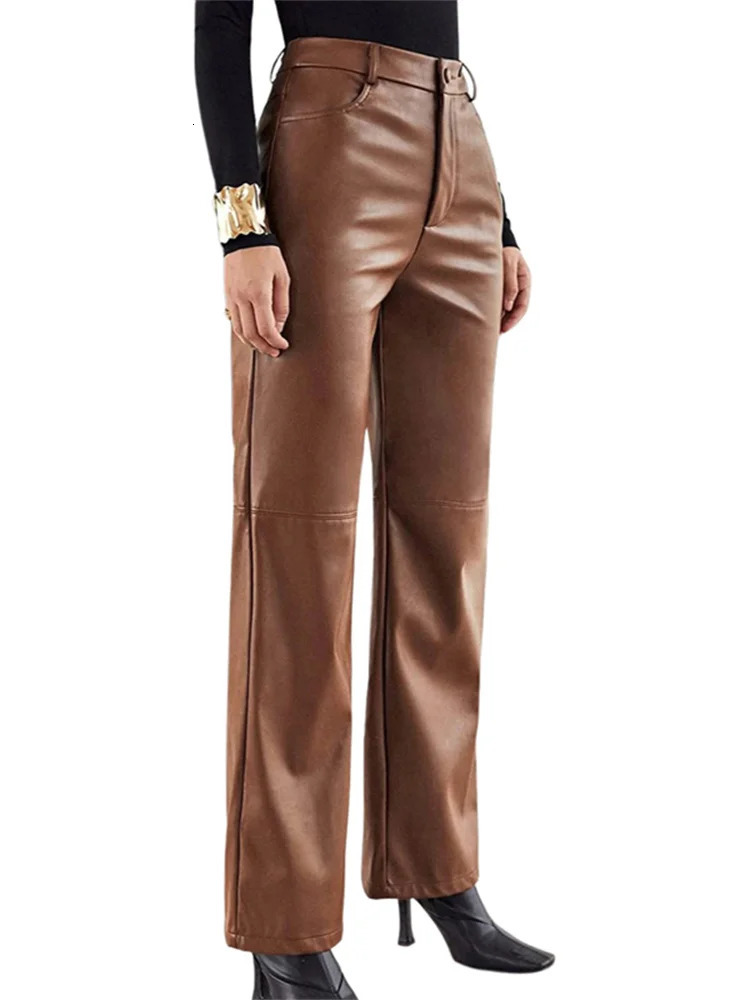 Women PU Leather Pants Solid Color High Waist Straight Trousers Street Casual Pant 260714banjia