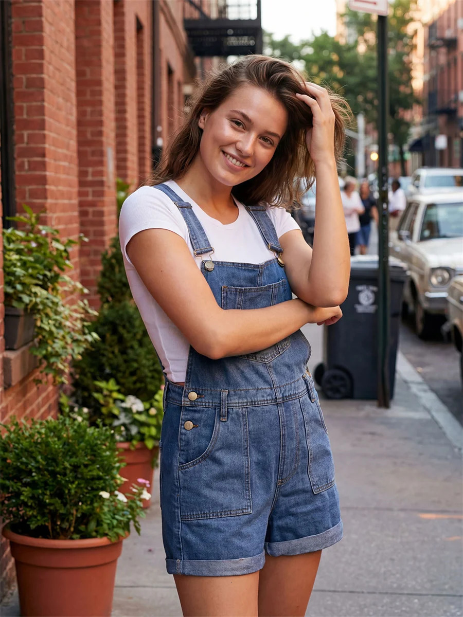 Women Baggy Denim Overalls Shorts Solid Color Sleeveless Suspender Jean Romper with Pockets Summer Streetwear 260714banjia