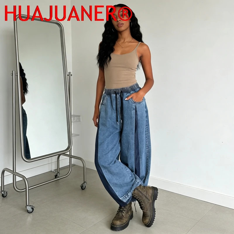 Jean Wide Leg Pants Washed Vintage Ankle Length Trousers Drawstring Elastic Waist Patchwork Distressed Streetwear Denims 260714banjia