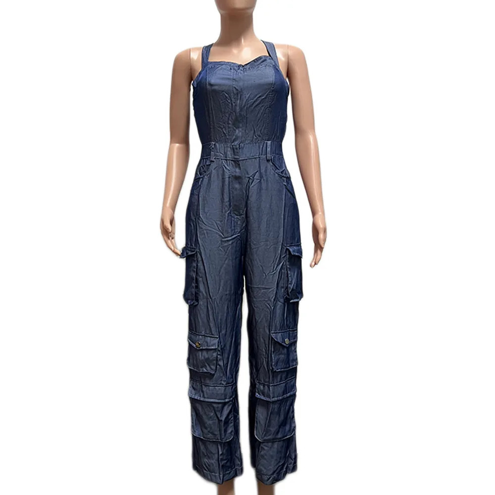 Women Jeans Overalls Spliced Cargo Denim Pants Vintage Washed Ankle Length Jean Pockets Solid High Street Loose Fit Button 260714banjia