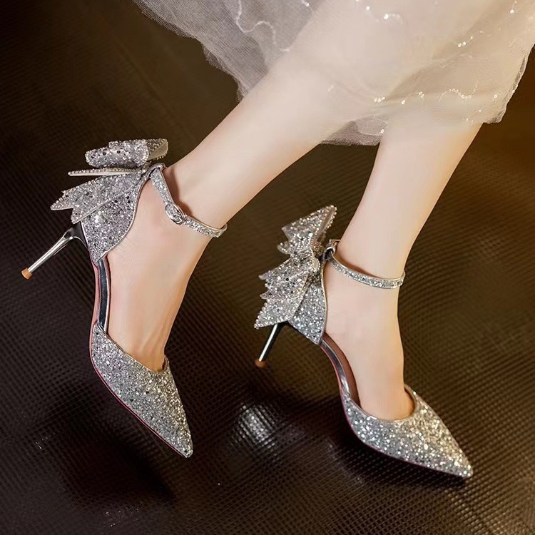 Dress Shoes women's high heels Women Silver Sequined Crystal Bow Stiletto Heels Pointy Toe Ankle Strap Elegant Pumps Luxury Bridesmaid Wedding Fo - view 6