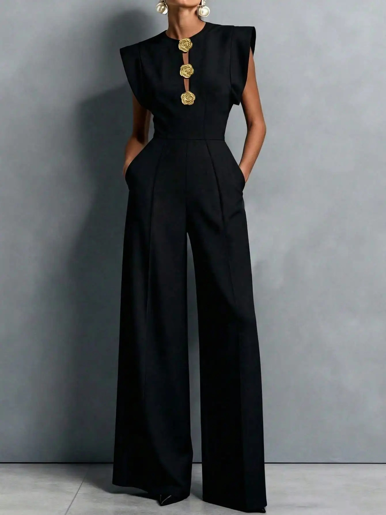 Womens Jumpsuits Rompers Black Sleeveless Wide Leg with Decorative Buttons Tailored Formal Evening Outfit 260714banjia