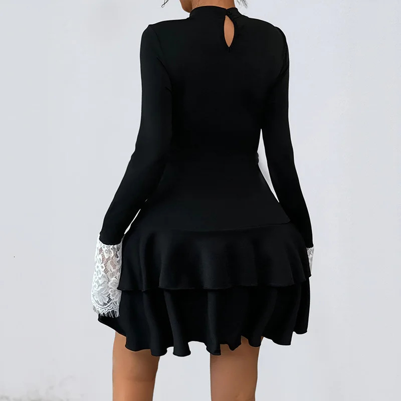 Womens Coquette Lace Patchwork Mini Dress Mock Neck Long Sleeve Bow Tie Front Layered Ruffle Hem Black Party 260714banjia