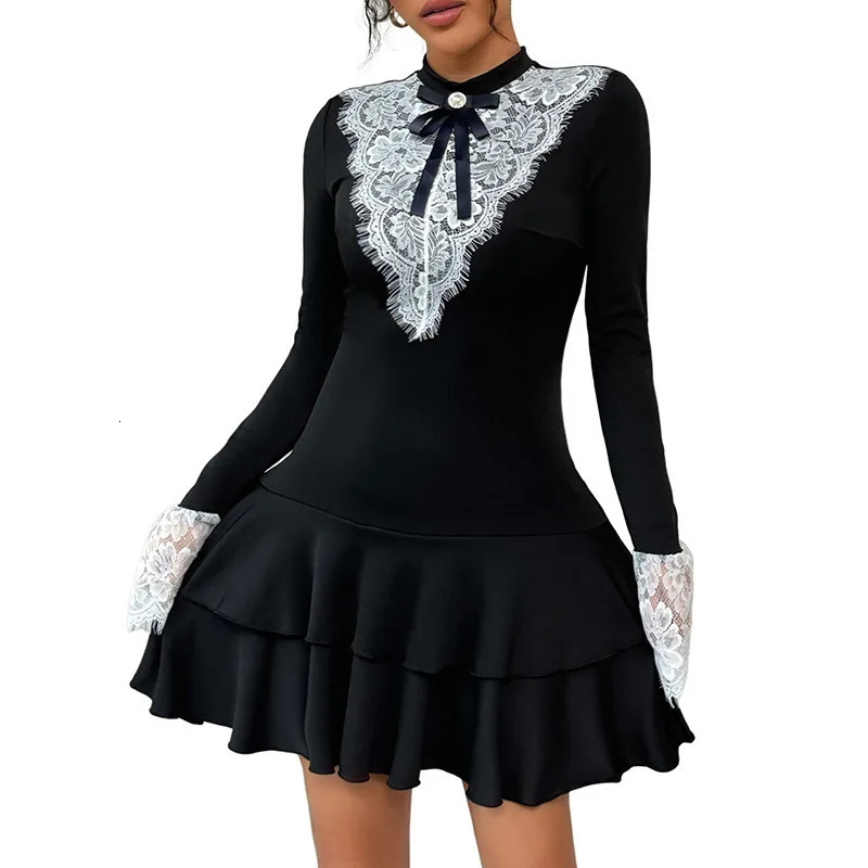 Womens Coquette Lace Patchwork Mini Dress Mock Neck Long Sleeve Bow Tie Front Layered Ruffle Hem Black Party 260714banjia