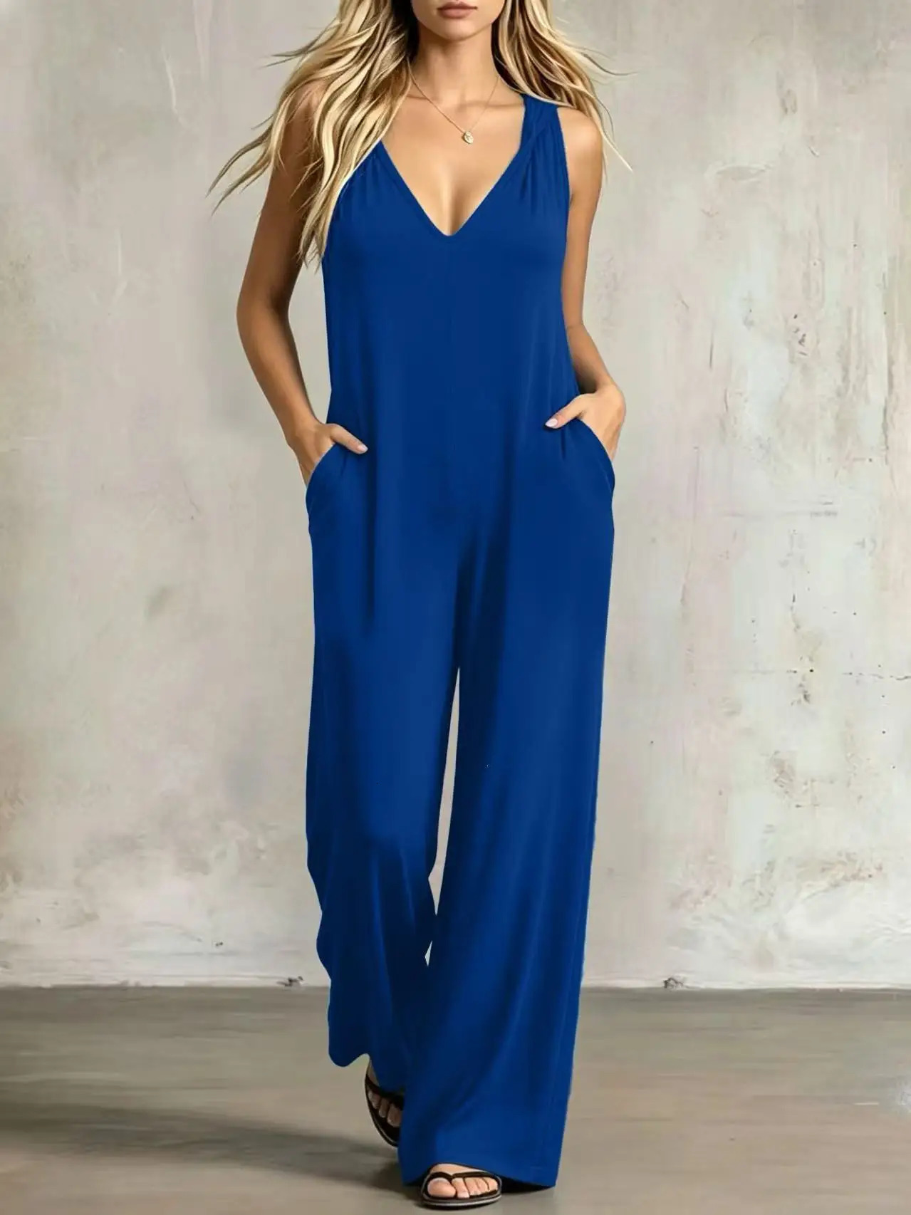 Summer Thin Hanging VNeck Sleeveless OnePiece Pants Wide Leg FloorLength Casual Commute Slimming Trousers Overall Suit 260714banjia