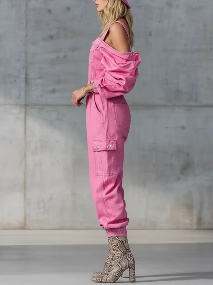 Vintage Denim Jumpsuit Woman Solid Zipper Offshoulder High Wait Loose Cargo Pants Romper Long Sleeve Overalls OnePiece Suit 260714banjia