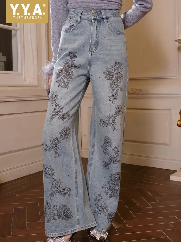 Women Winter Warm Fleece Liner Flowers Embroidery Jeans Fashion High Waist Denim Pants Ladies Wide Leg Trousers 260714banjia