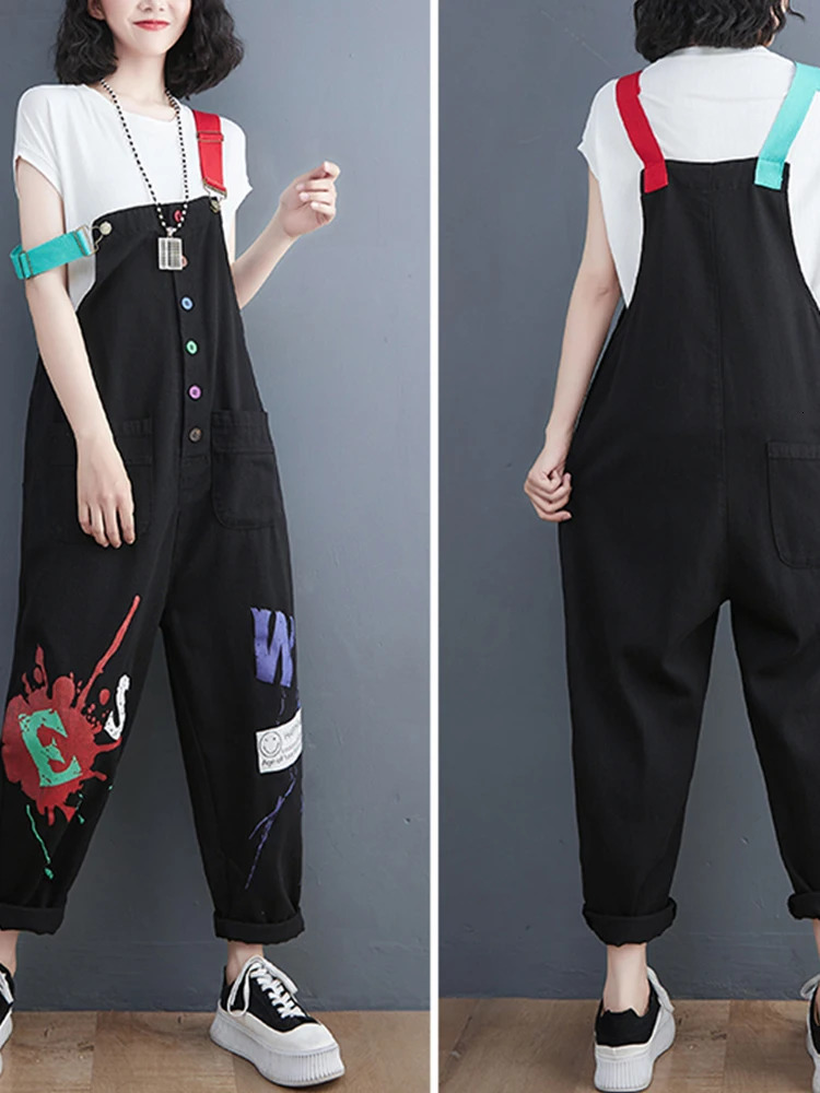 Denim Jumpsuits for Women Casual Printing Outfits Rompes Loose Korean Fashion Vintage Playsuits Clothing 260714banjia