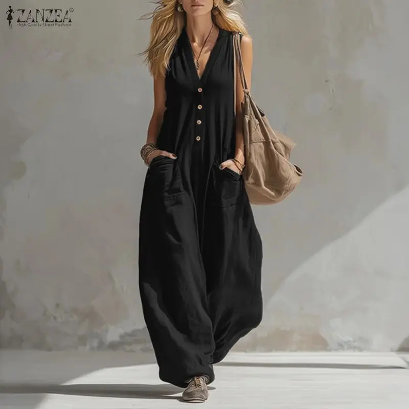 ZANZEA Women Jumpsuits Solid Vintage Casual Overalls 2026 Fashion V Neck Pockets Rompers Loose Lantern Long Bottoms Playsuits 260714banjia