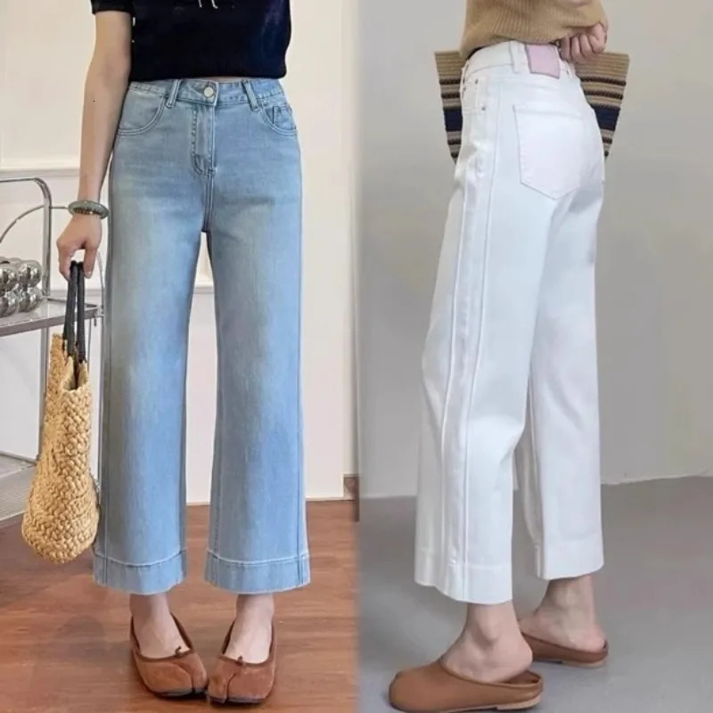 Women High Waist Wide Leg Pants Casual Loose Trousers Summer Solid Color Straight Fit Pocketed AnkleLength Jeans 260714banjia