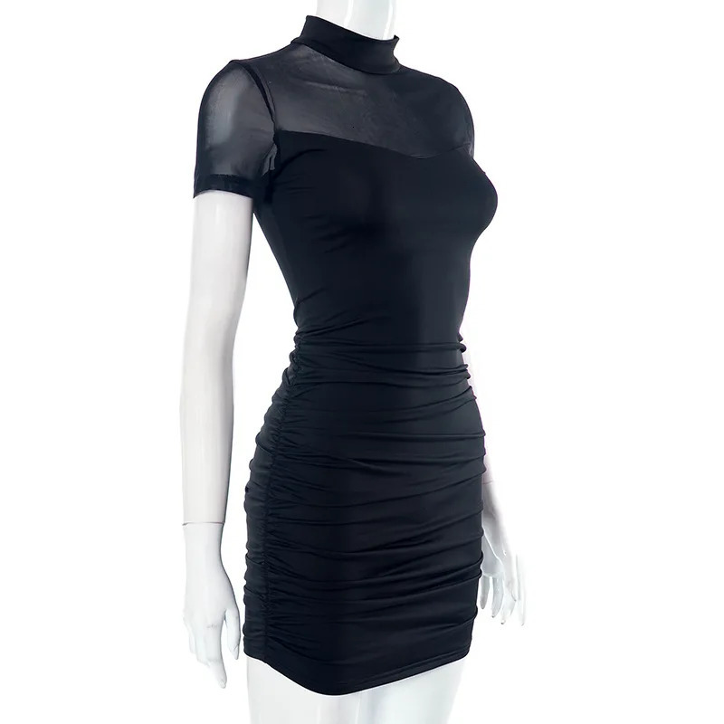 Sexy Spicy Girl Solid Color Mesh Splice round Neck Slim Fit High Waist Overhead Short Style Summer Dress 260714banjia