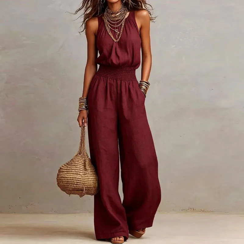 Spring Summer Solid High Waist Woman Jumpsuits Elegant Halter Tieup Backless Rompers Casual Sleeveless Wide Leg Pocket Overalls 260714banjia