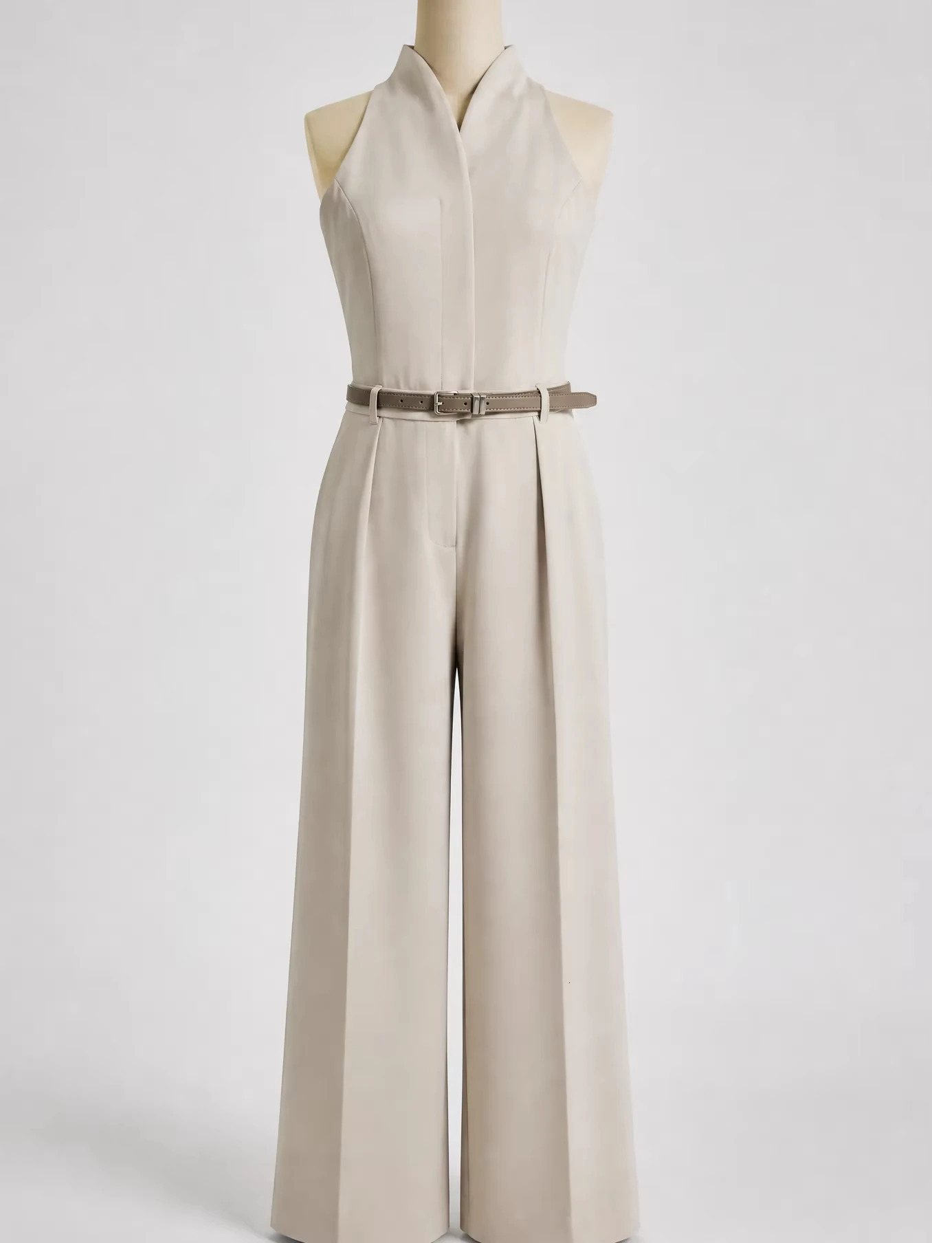IG 2026 Womens Beige Halter Neck Jumpsuit with Belt Sleeveless Wide Leg Pants Elegant Formal Office Outfit 260714banjia