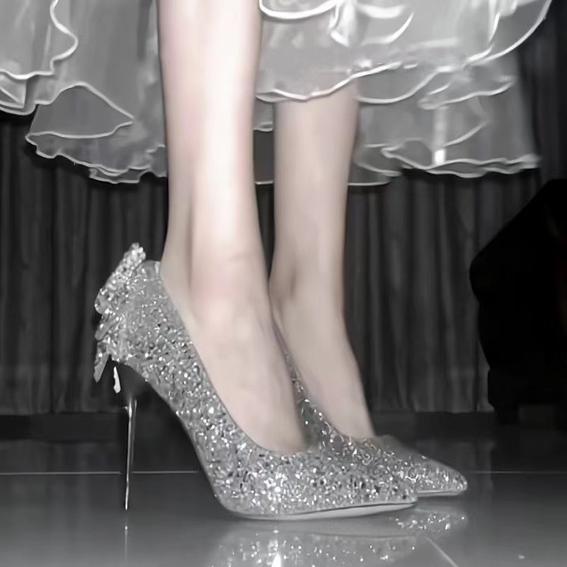Dress Shoes women's high heels Women Silver Sequined Crystal Bow Stiletto Heels Pointy Toe Ankle Strap Elegant Pumps Luxury Bridesmaid Wedding Fo - view 3