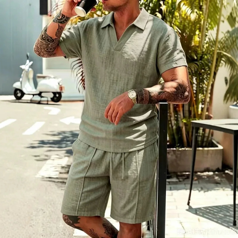 summer mens solid-color casual mixed-pattern short-sleeved clothing sets from Europe and America 260714 - view 3