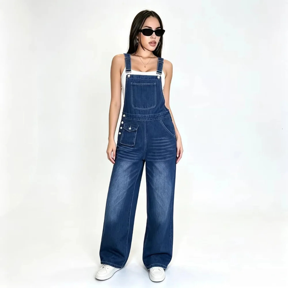 Womens Wide Leg Denim Overalls Loose Washed Straight Cargo Adjustable Straps Multi Pocket Jeans 260714banjia