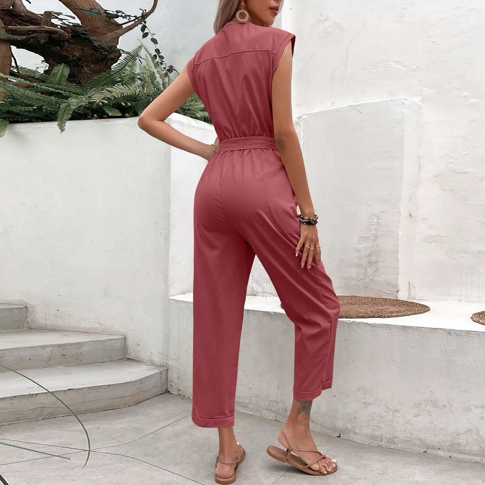 Summer Fashion Short Sleeve Jumpsuit Women Loose Cropped Pants Solid Color Casual Vneck vestidos para 260714banjia