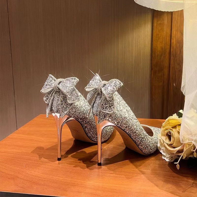 Dress Shoes women's high heels Women Silver Sequined Crystal Bow Stiletto Heels Pointy Toe Ankle Strap Elegant Pumps Luxury Bridesmaid Wedding Fo - view 7