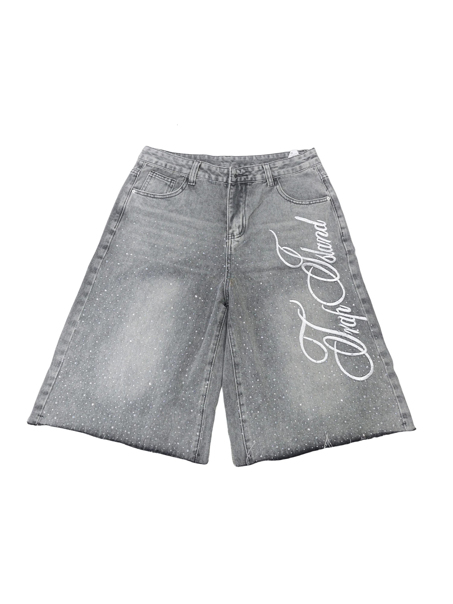 Combhasaki Men Summer Casual Denim Shorts Knee Length Trendy Letter Embroidered Shiny Rhinestone Decor Jeans Shorts with Pockets 260714 - view 7