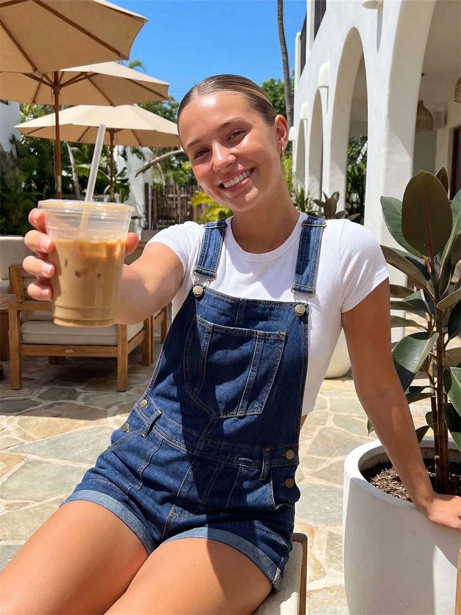 Women Baggy Denim Overalls Shorts Solid Color Sleeveless Suspender Jean Romper with Pockets Summer Streetwear 260714banjia