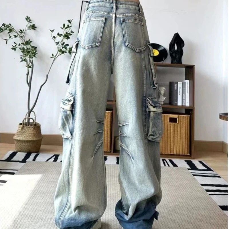 Women Y2k Jeans Fall Trendy Oversized Pocket n Distressed Wash Vintage Cargo Loose Fit Denim Pants 260714banjia