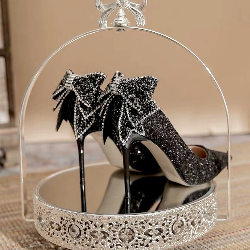 Dress Shoes women's high heels Women Silver Sequined Crystal Bow Stiletto Heels Pointy Toe Ankle Strap Elegant Pumps Luxury Bridesmaid Wedding Fo - view 9