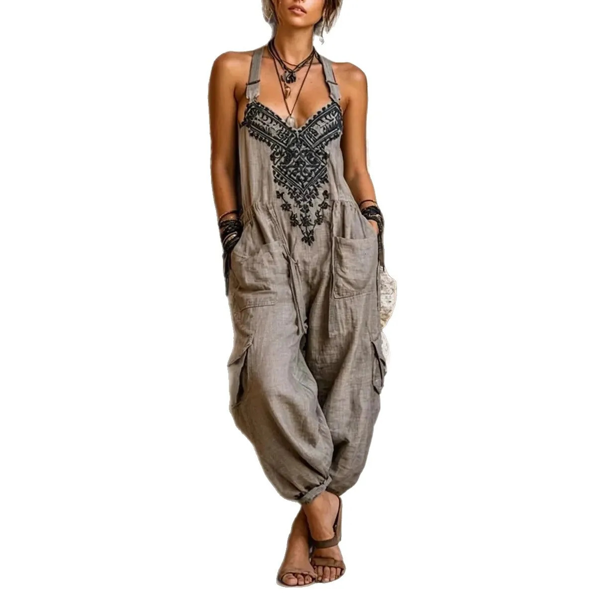 Women Boho Printed Halter Jumpsuit Sleeveless Drawstring Waist Multi Pocket Cargo Loose Summer Casual Outfits 260714banjia