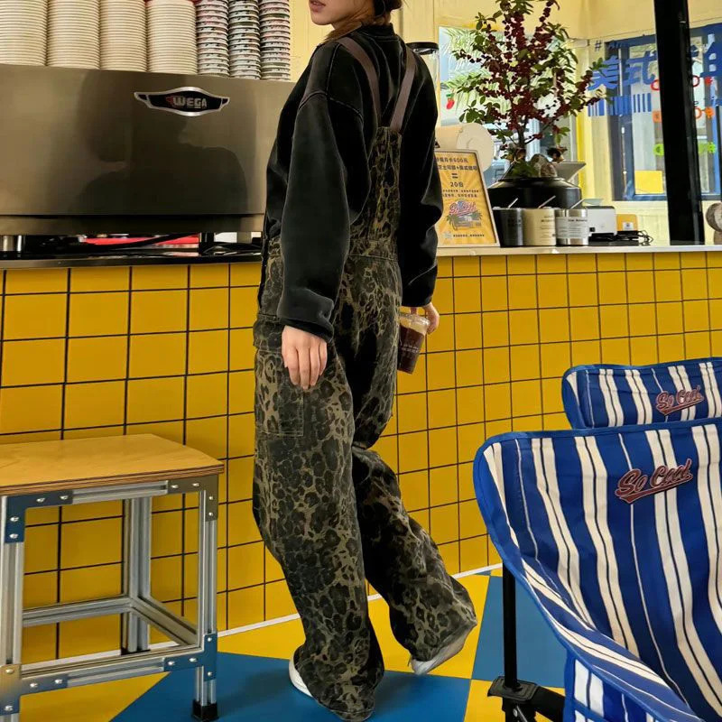 Chic Retro Girls High Waist Jumpsuit Jean Loose Fit Overalls Pants Female Leopard Printed Wide Leg Denim Trousers 260714banjia