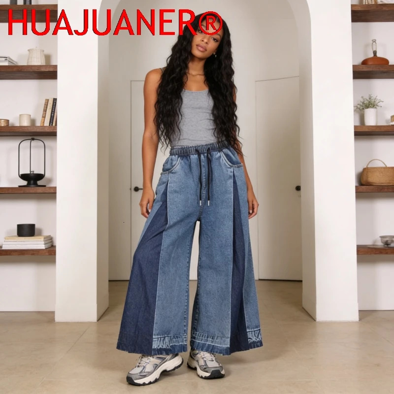 Jean Wide Leg Pants Washed Vintage Ankle Length Trousers Drawstring Elastic Waist Patchwork Distressed Streetwear Denims 260714banjia