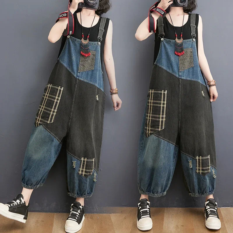 Fashionable plus Size Denim Overalls Spring Loose High Waist Color Block Plaid Wide Leg Nine Point Pants 260714banjia