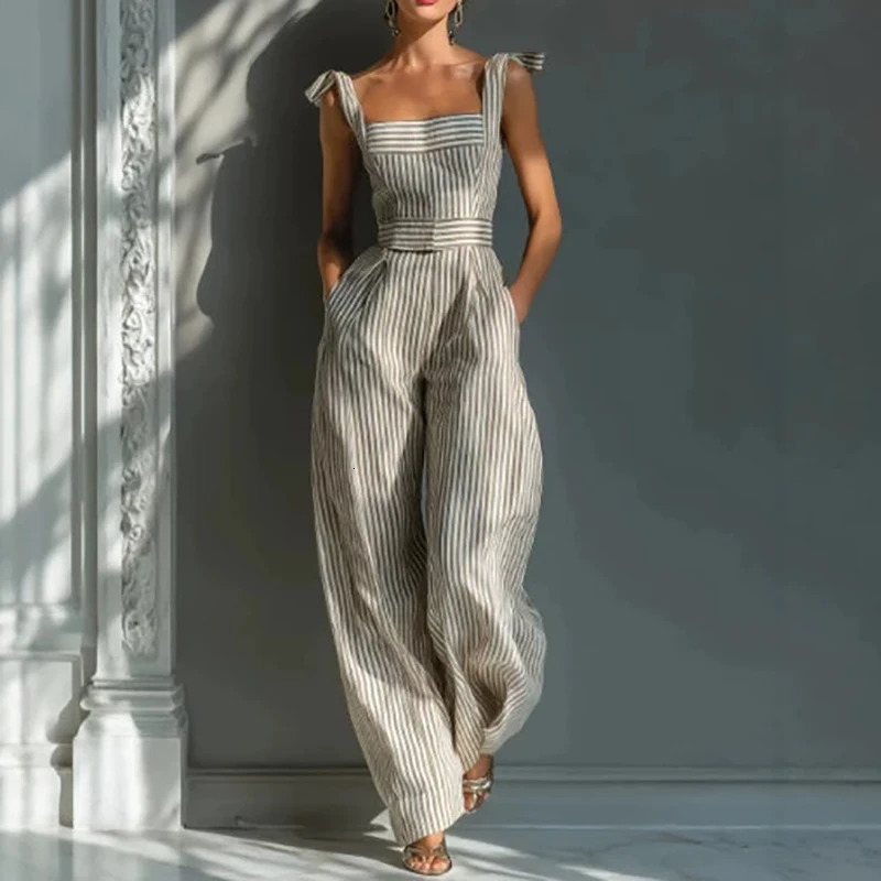 Fashion Stripe Printed Halter Wide Leg Jumpsuit Summer Sleeveless Hollow Out Slim Playsuits Overalls Elegant Lady Commute Romper 260714banjia
