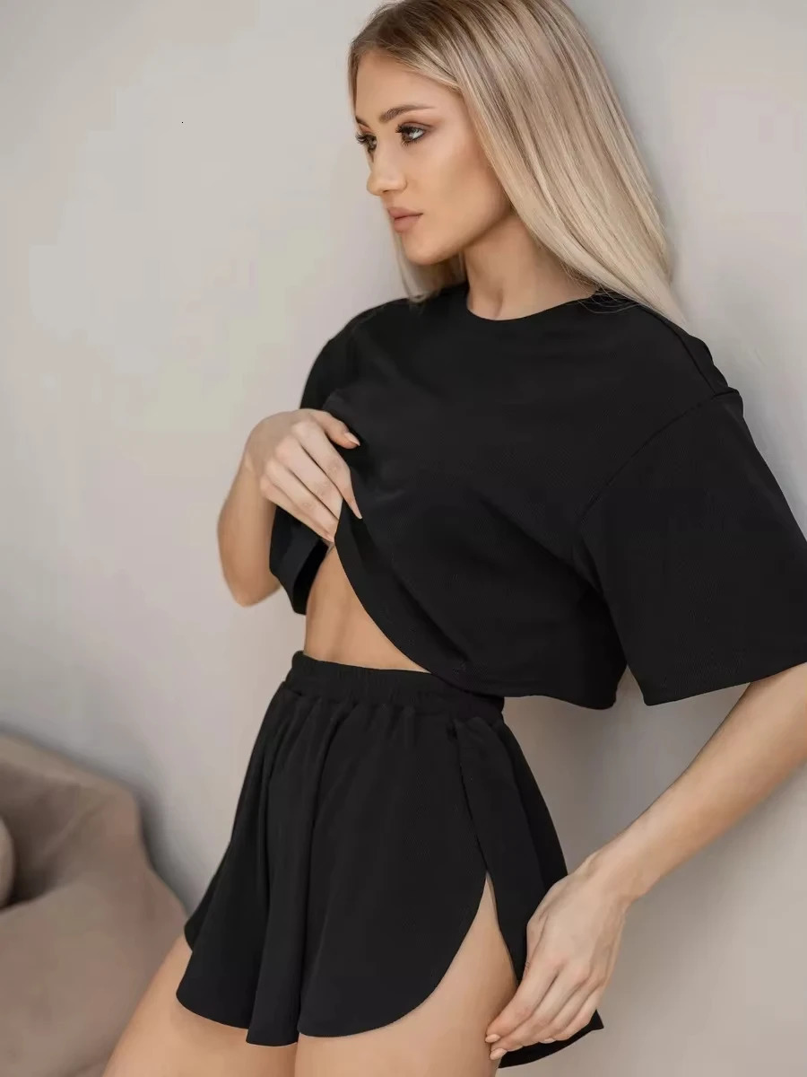 2026 womens sexy pajama set short sleeved Tshirt split shorts 2piece casual round neck elastic home wear 260715BJ - view 4