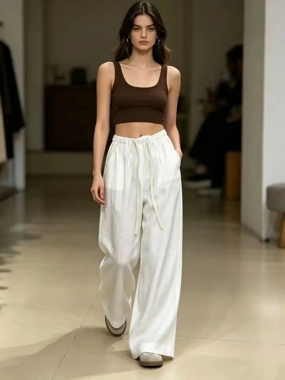 Casual 100 linen loose elastic waist long pants 260714banjia