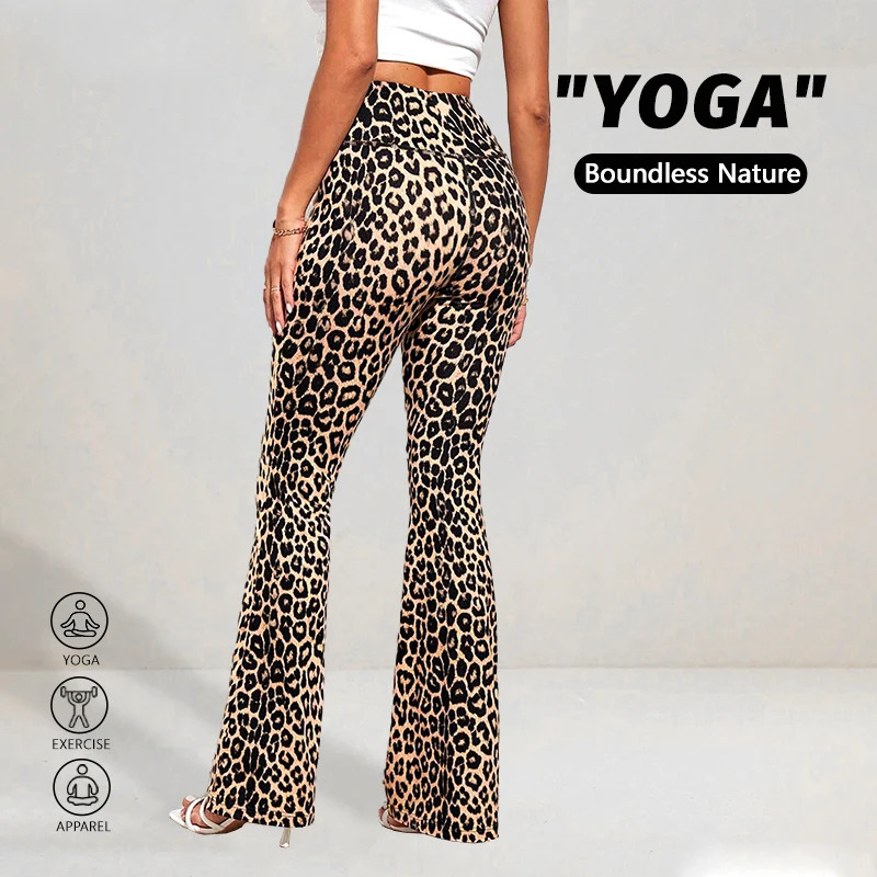 Women Leopard Print Wideleg Yoga Leggings High Waist Hip Lift Breathable Sports Flared Trousers Running Gym Fitness Pants 260714banjia