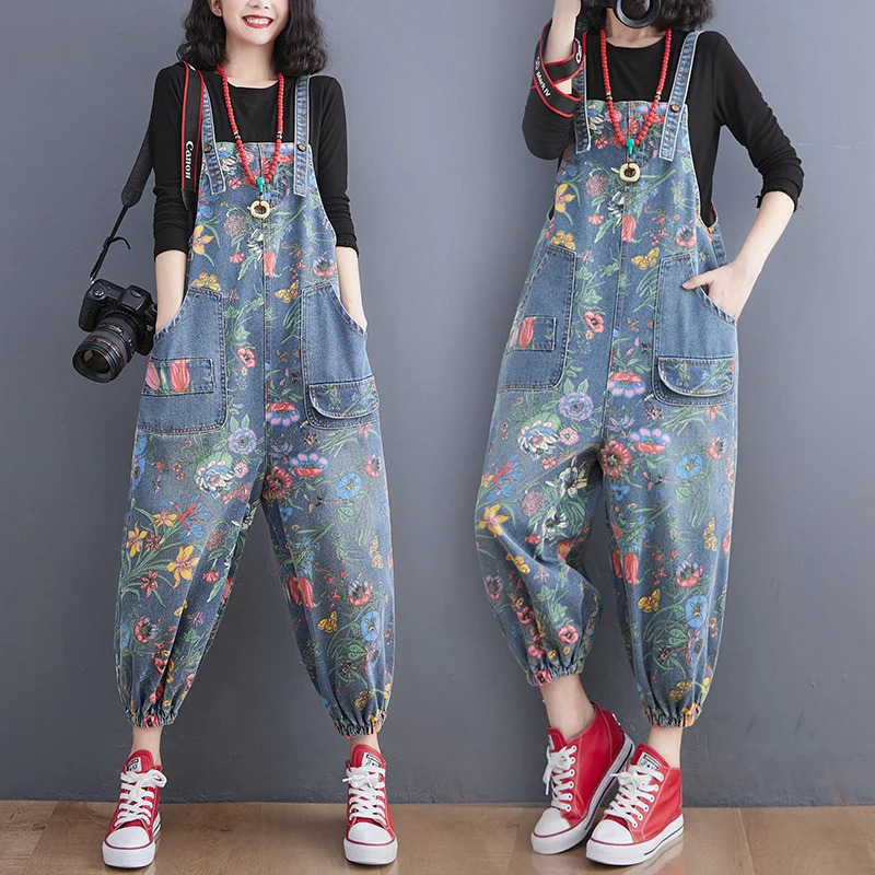 Trendy Large Size Oversized Floral Print Denim Overalls High Waist Spring Fashion Age Reduction Loose Fit Nine Points Jumpsuit 260714banjia