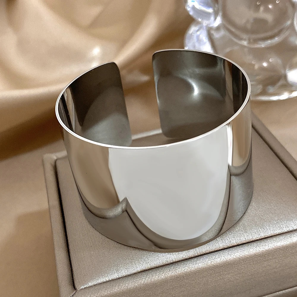 Minimalist Stainless Steel Wide Cuff Bracelets Bangles for Women Glossy Chunky Gold Silver Color Open Bangle Waterproof Jewelry260713 - view 3